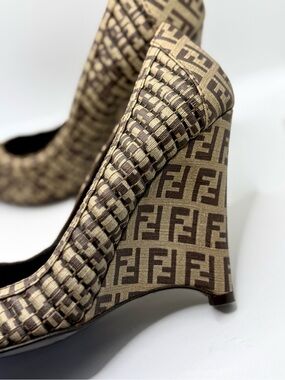 Fendi Zucca Print Canvas Peep-Toe Wedge Pumps Size: 37.5 EU/ 7 US with Dust Bag